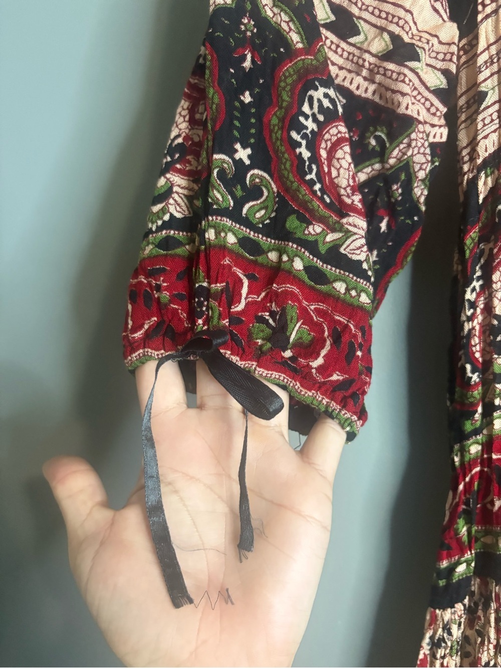 Boho Paisley Maxi Dress Burgundy Black Cream | Smocked Waist | Size XS/S - Picture 4 of 8